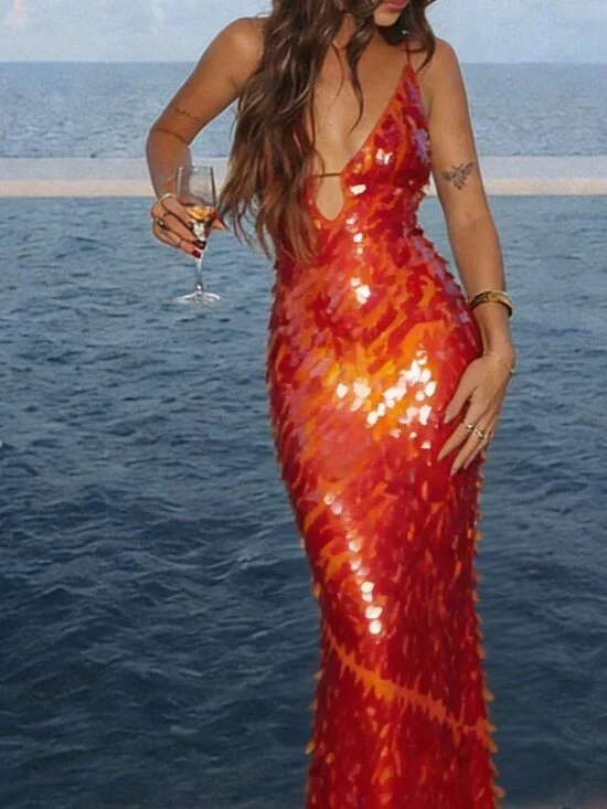 Red Sequin Formal Women's V-Neck Sleeveless Maxi Prom Dress - Picture 1 of 5